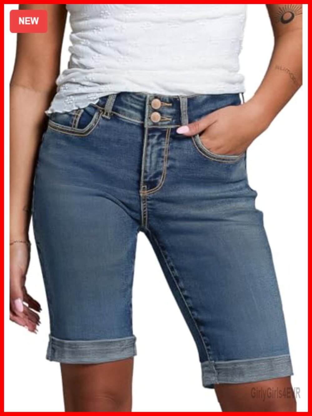 High Waisted Stretch Bermuda Jean Shorts with Rolled Hem for Women Summer Denim